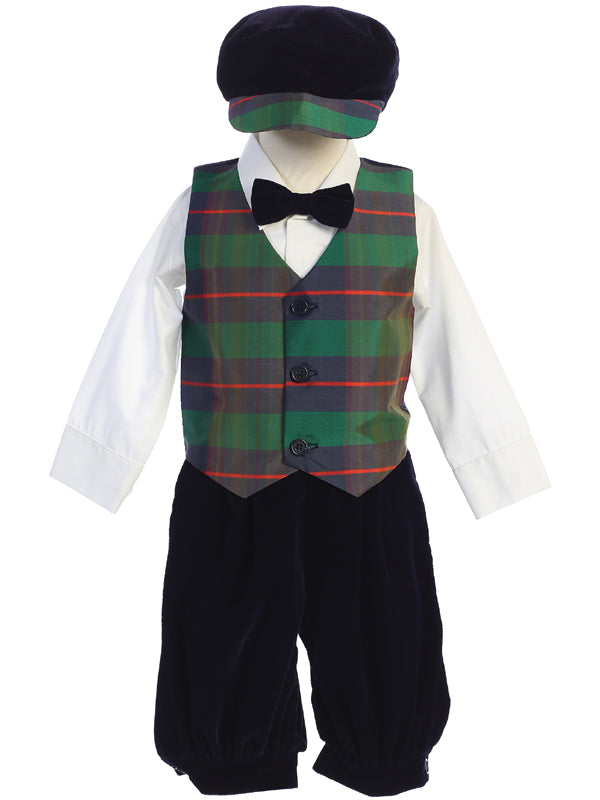 Holiday plaid vest and velvet knicker with matching hat C568