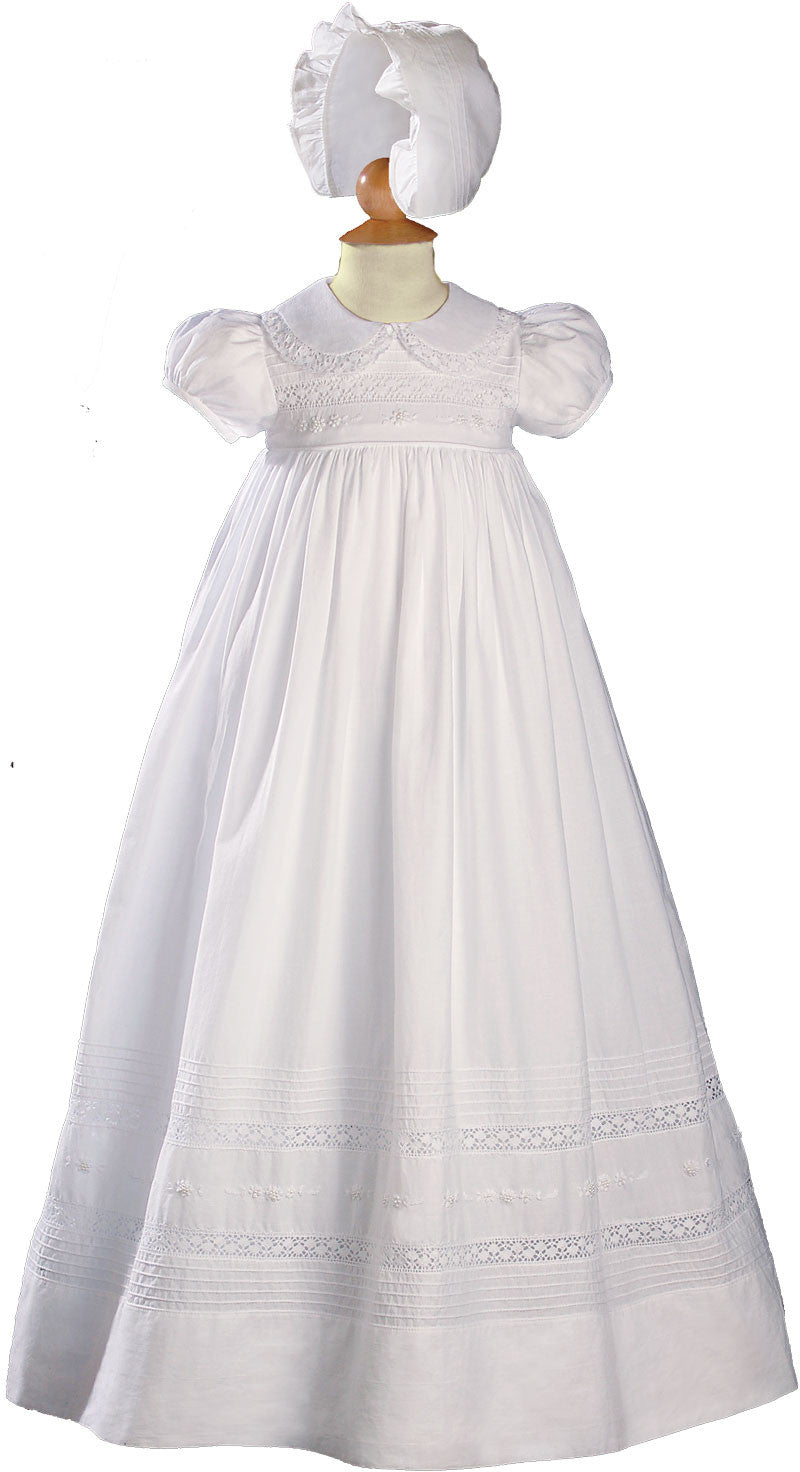 Girls 33″ White Cotton Short Sleeve Christening Baptism Gown with Hand Embroidery