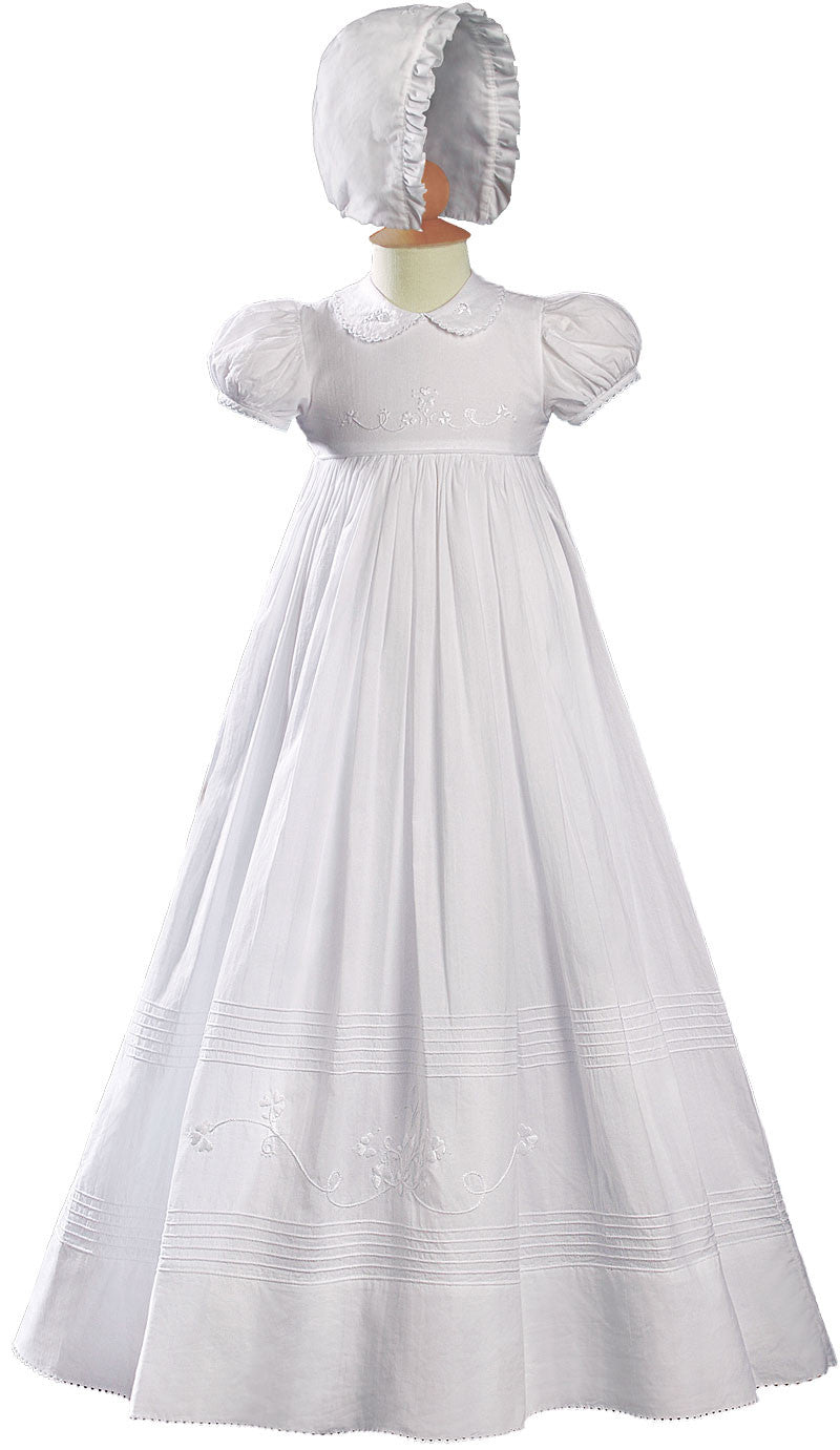 Girls 32″ White Cotton Short Sleeve Christening Baptism Gown with Floral Shamrock Embroidery