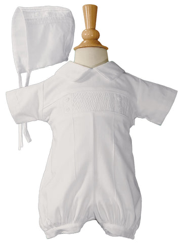 CB938R-NBG Baby Boys White Cotton Smocked Baptism Outfit Set