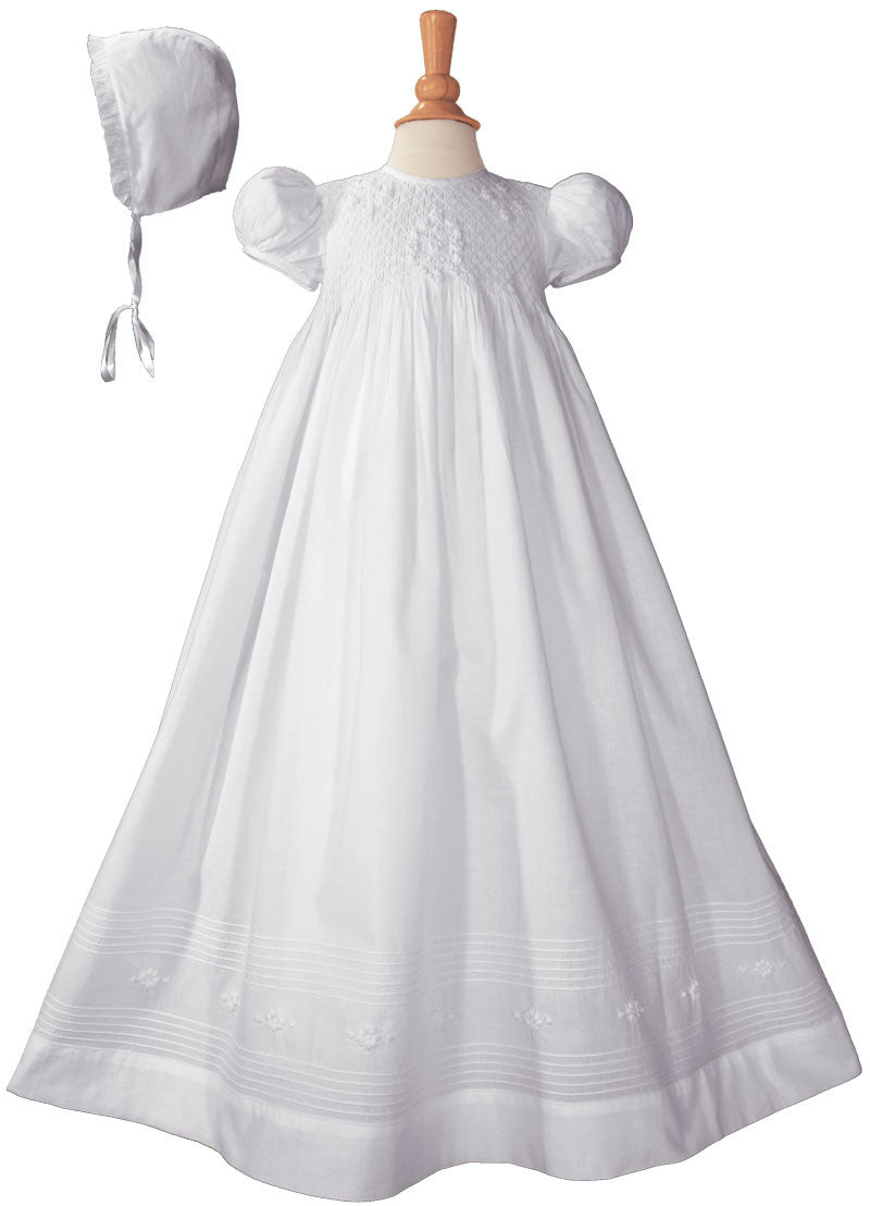 Girls 32″ Cotton Hand Smocked Christening Gown Baptism Dress with Hand Embroidery