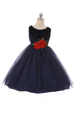 Navy KD396+ Velvet Rose Patch Girl Dress Plus Size Girl Dress